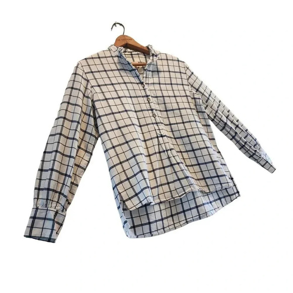 Lavie Rebecca Taylor Top Womens Size XS White Navy Windowpane 100% Cotton Slit - Picture 11 of 14
